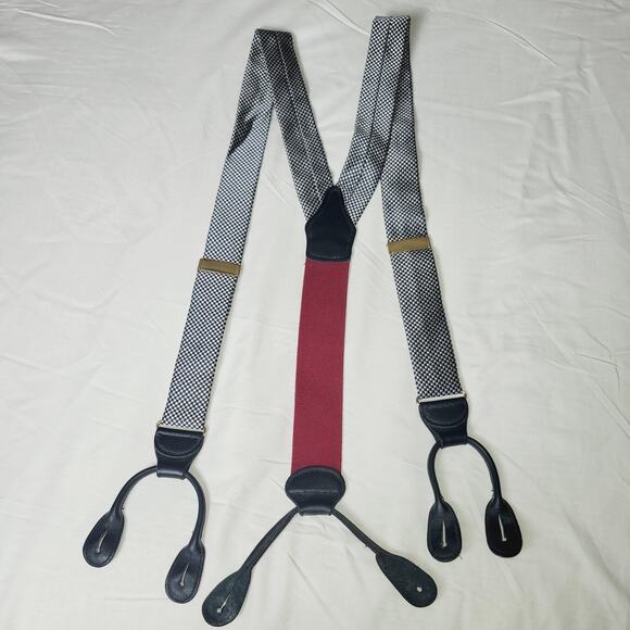 Barrons Hunter Suspenders Mens Black Gray Check Button End Leather Y-Back USA - Picture 8 of 8